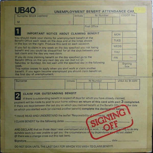 Image of Front Cover of 0944053S: 2xLP - UB40, Signing Off (Graduate Records; GRADLP 2, UK 1980, 2 Inners, Damont Pressing. With 12")   VG/VG