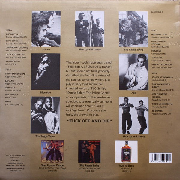 Image of Back Cover of 2xLP - VG/VG - VARIOUS, Fuck Off And Die (Shut Up And Dance Records; SUAD COMP 1, UK 1992, Picture Sleeve, Insert), light marks and scuffs only. few creases to sleeve. w/ insert and limited ed. sticker on sleeve,  - 4046255S