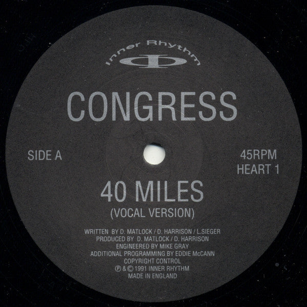 Image of Label Cover of 12" - G+/G+ - CONGRESS, 40 Miles / Better Grooves (Inner Rhythm; heart 01, UK 1991, Stickered Company Sleeve), strong G+ - light scuffs and storage marks only. original stickered silver sleeve - edge wear and ring wear ,  - 4346349S