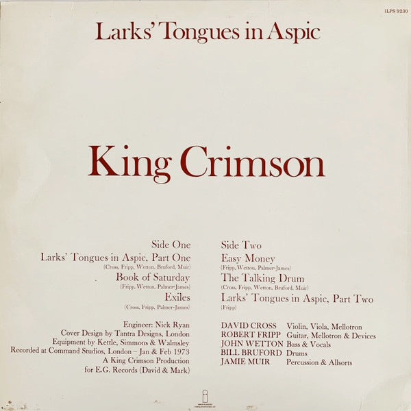 Image of Back Cover of LP - VG/G+ - KING CRIMSON, Larks' Tongues In Aspic (Island Pink Rim; ILPS 9230, UK 1973, EG publishing credit at the bottom of the rear sleeve), Edge and ring wear. Lots of hairlines across disc.,  - 2646216S