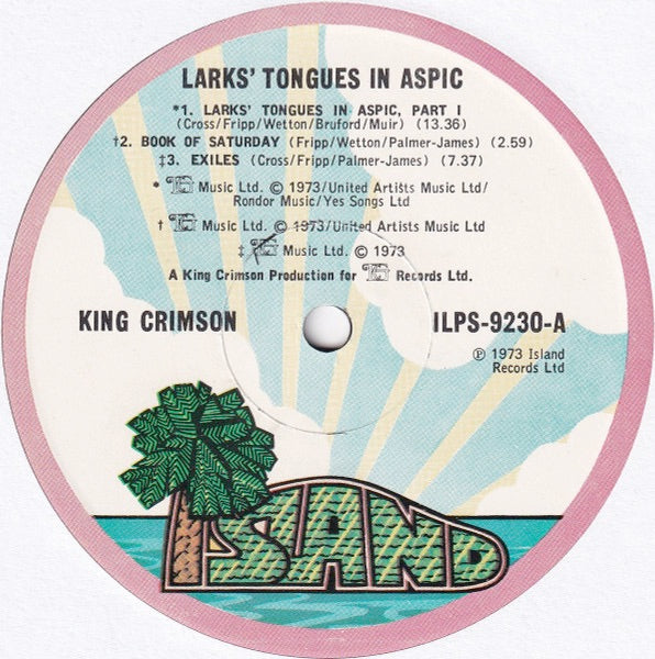 Image of Label Cover of LP - VG/G+ - KING CRIMSON, Larks' Tongues In Aspic (Island Pink Rim; ILPS 9230, UK 1973, EG publishing credit at the bottom of the rear sleeve), Edge and ring wear. Lots of hairlines across disc.,  - 2646216S
