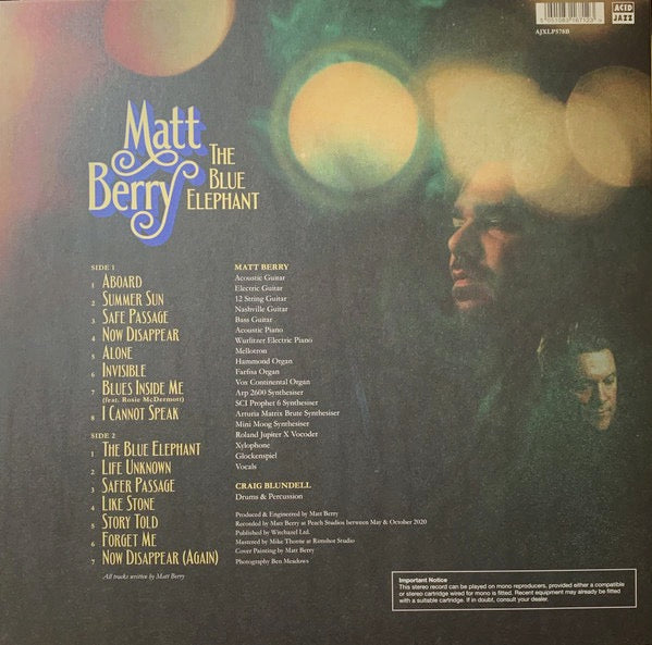 Image of Back Cover of LP - EX/EX - MATT BERRY, The Blue Elephant (Acid Jazz; AJXLP578B, UK & Europe 2021, Black Inner, Blue Vinyl), Still In Stickered Shrinkwrap,  - 4026214E