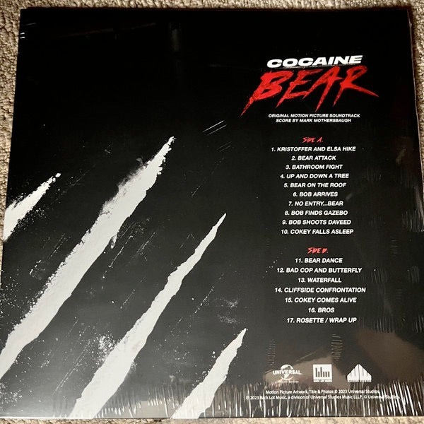 Image of Back Cover of 4213286C: LP - MARK MOTHERSBAUGH, Cocaine Bear (Original Motion Picture Soundtrack) (Waxwork Records; WW180, USA & Europe 2023, Gatefold, Cocaine and Crystal Clear Vinyl)   NEW/NEW