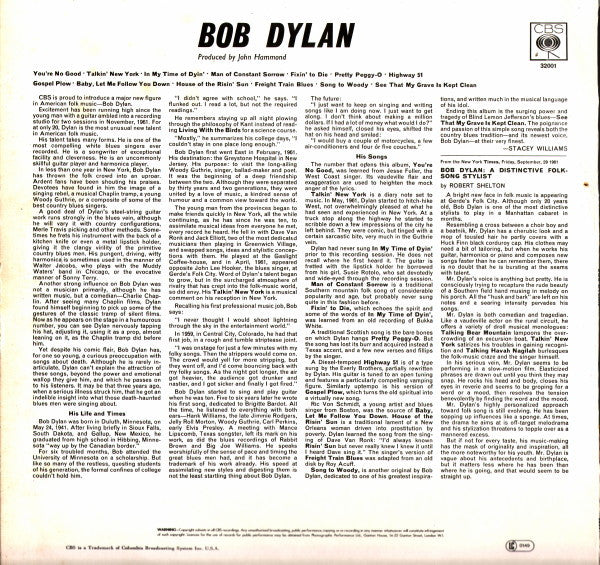 Image of Back Cover of LP - VG/VG+ - BOB DYLAN, Bob Dylan (CBS Orange/Yellow - Made In England At Bottom of Label; 32001, UK 1982 Reissue, Stereo), Sticker Has Removed Varnish,  - 4326072E