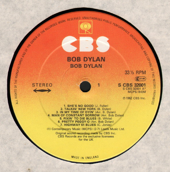 Image of Label Cover of LP - VG/VG+ - BOB DYLAN, Bob Dylan (CBS Orange/Yellow - Made In England At Bottom of Label; 32001, UK 1982 Reissue, Stereo), Sticker Has Removed Varnish,  - 4326072E