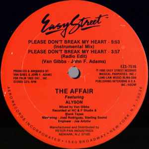 Image of Back Cover of 3844070S: 12" - THE AFFAIR FEATURING ALYSON, Please Don't Break My Heart (Easy Street Records; EZS-7516, US 1985, Plain sleeve)   /VG+