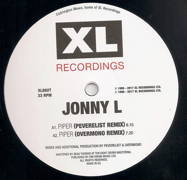 Image of Back Cover of 4414074C: 12" - JONNY L, Piper Remixes (XL Recordings; XL892T, UK 2018, Company Sleeve)   NEW/NEW