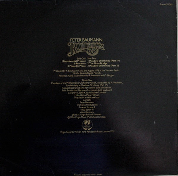 Image of Back Cover of LP - VG/VG+ - PETER BAUMANN, Romance 76 (Virgin; V 2069, UK 1976, Tangerine Dream), ,  - 0846015S