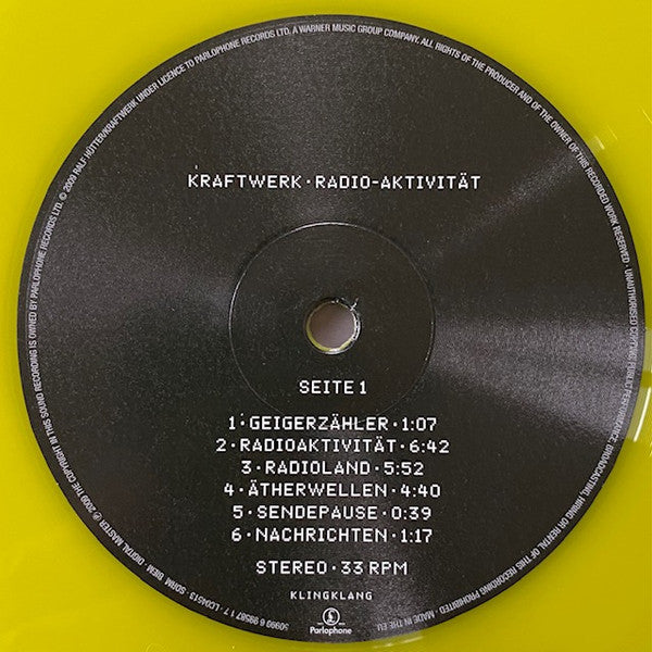 Image of Label Cover of LP - VG+/VG+ - KRAFTWERK, Radio-Aktivit t (Kling Klang; 50999 6 99587 1 7, Europe 2020 Reissue, Inner & Booket, 180g Translucent Yellow Vinyl), ,  - 3216043C