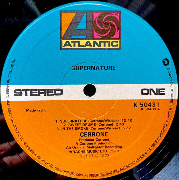 Image of Label Cover of LP - VG+/VG - CERRONE, Cerrone 3: Supernature (Atlantic; K 50431, UK 1978, Panache Music LTD), ,  - 3726124E