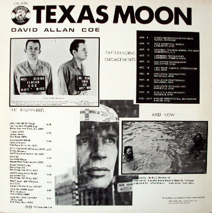 Image of Back Cover of 4423230E: LP - DAVID ALLAN COE, Texas Moon (Charly Records; CRL 5006, UK 1977)   VG+/VG+