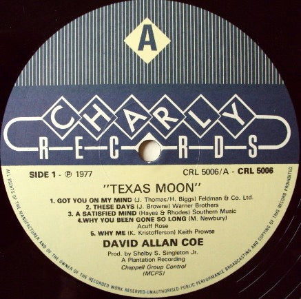 Image of Label Cover of 4423230E: LP - DAVID ALLAN COE, Texas Moon (Charly Records; CRL 5006, UK 1977)   VG+/VG+