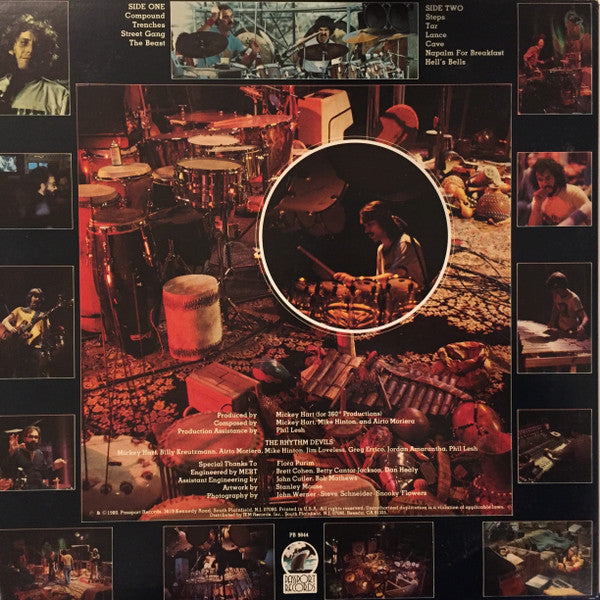 Image of Back Cover of LP - G+/VG - RHYTHM DEVILS, The Apocalypse Now Sessions (The Rhythm Devils Play River Music) (Passport Records; PB 9844, US 1980, Inner, No STERLING In Runout), Strong VG - light marks, edge & ring wear, sticker damage, promo noych cut opening edge, tears on Inner opening edge,  - 3546220S