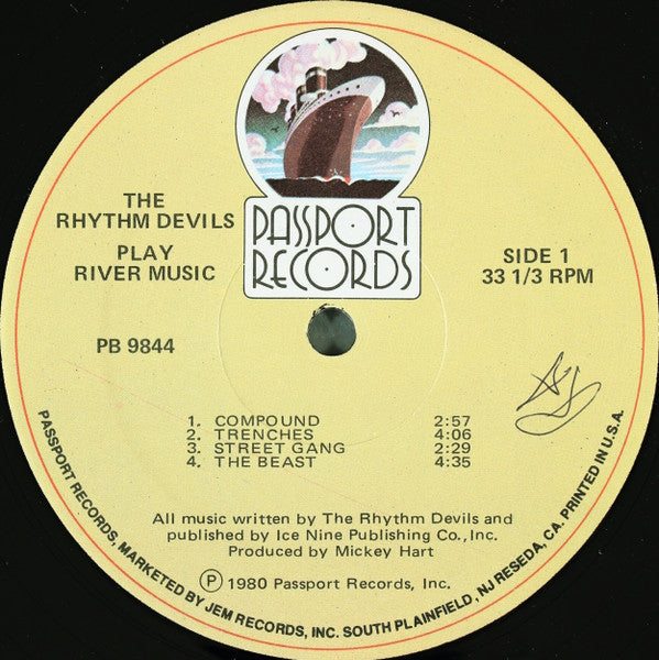 Image of Label Cover of LP - G+/VG - RHYTHM DEVILS, The Apocalypse Now Sessions (The Rhythm Devils Play River Music) (Passport Records; PB 9844, US 1980, Inner, No STERLING In Runout), Strong VG - light marks, edge & ring wear, sticker damage, promo noych cut opening edge, tears on Inner opening edge,  - 3546220S