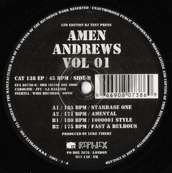 Image of Front Cover of 5014255C: 12" EP - AMEN ANDREWS, Vol 01 (Rephlex; CAT 138 EP, UK 2003) No original stickered plain sleeve  /G