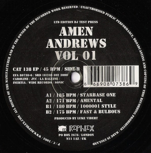 Image of Front Cover of 5014255C: 12" EP - AMEN ANDREWS, Vol 01 (Rephlex; CAT 138 EP, UK 2003) No original stickered plain sleeve  /G