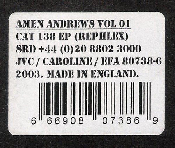 Image of Label Cover of 5014255C: 12" EP - AMEN ANDREWS, Vol 01 (Rephlex; CAT 138 EP, UK 2003) No original stickered plain sleeve  /G