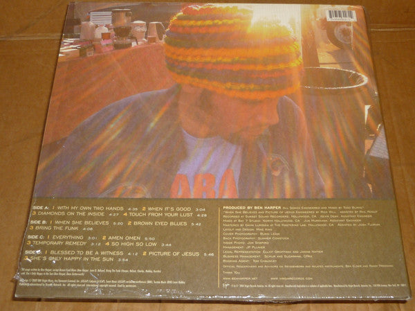 Image of Back Cover of 4523083E: 2xLP - BEN HARPER, Diamonds On The Inside (Virgin ; 7243 5 83003 1 4, US 2003, Gatefold) Still In Stickered Shrinkwrap Which Is Too Tight And Has Slightly warped The Sleeve, Spine Faded  VG/VG+