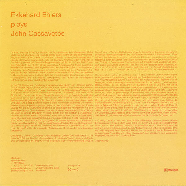 Image of Back Cover of 4543210S: 12" - EKKEHARD EHLERS, Plays John Cassavetes (Staubgold; staubgold 21, Germany 2001, Picture Sleeve) Some light crackle  VG/G+