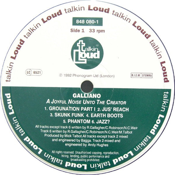 Image of Label Cover of LP - VG/VG - GALLIANO, A Joyful Noise Unto The Creator (Talkin' Loud; 848 080-1, UK 1992, Inner, Green and white center labels), Light scratches & hairlines, edge wear,  - 4046030S