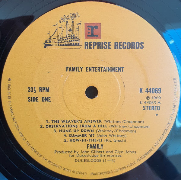 Image of Label Cover of 4523311E: LP - FAMILY, Entertainment (Reprise Tan, No WB Logo; K 44069, UK 1970s Reissue, Laminated Sleeve, Insert, Stereo, V Under Stereo On Labels) Very Strong VG+, Pinched Spine Ends, Insert Creased  VG+/VG+