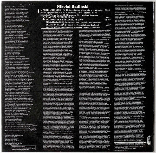 Image of Back Cover of 4623039E: LP - NIKOLAI BADINSKI, Martialphonien / Dostoevsky-Reflections / (Kontrabass)4, Decipio 1 (ABAN; AB 2119, Germany 1980)   VG+/VG+