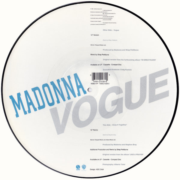 Image of Back Cover of 12" - /VG - MADONNA, Vogue (Sire; W9851TP, UK 1990, No Barcoded Sleeve, Picture Disc), Hairlines,  - 3845048S