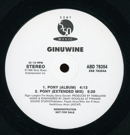 Image of Front Cover of 12" - /VG - GINUWINE, Pony (550 Music ; ABD 78354, US 1996, Demonstration Copy), , (Album Version)(Extended Mix)(Instrumental)(Accapella) - 1416145C