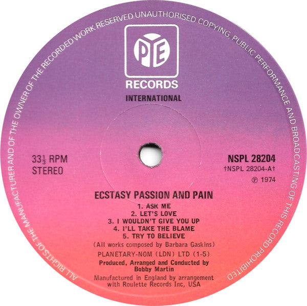 Image of Label Cover of 4623189E: LP - ECSTASY, PASSION & PAIN, Ecstasy Passion And Pain (Pye International; NSPL 28204, UK 1974) Spine damage. Light marks on record.  VG/G+