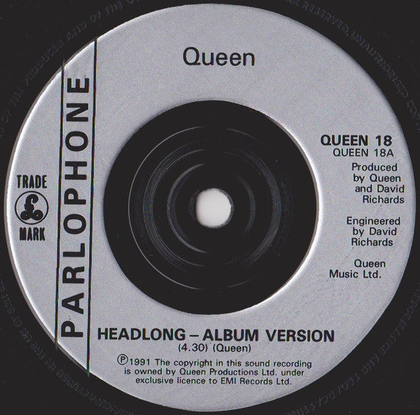 Image of Label Cover of 4623193E: 7" - QUEEN, Headlong (Parlophone ; QUEEN 18, UK 1991, Picture Sleeve) B-Side Grades VG, Slight Sticker Damage To Sleeve  VG/VG+