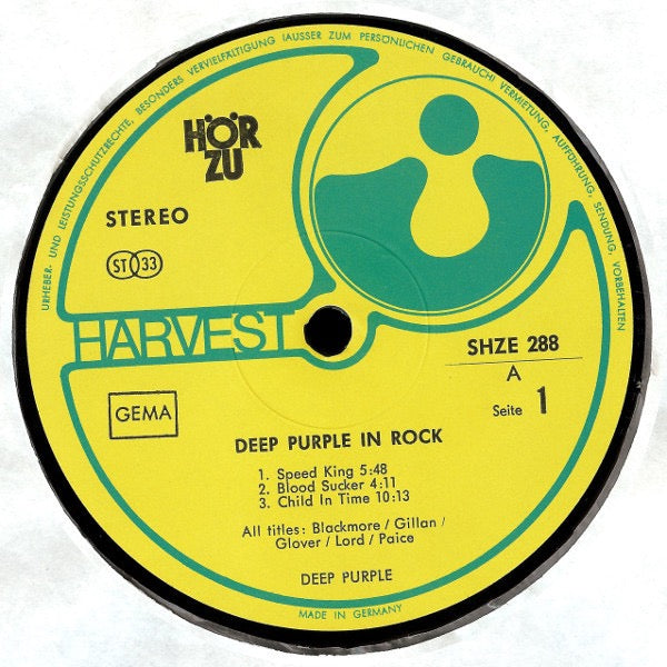 Image of Label Cover of 2914215C: LP - DEEP PURPLE, Deep Purple In Rock (Harvest; SHZE288, Germany 1970, Laminated Gatefold with white cover)   VG+/VG+