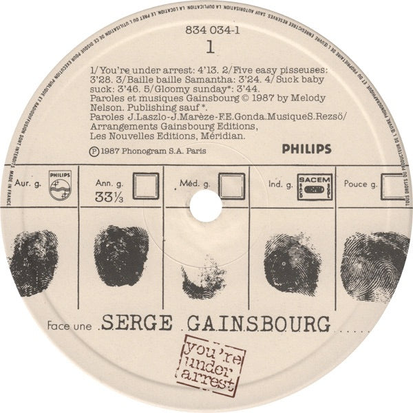 Image of Label Cover of 3345348S: LP - SERGE GAINSBOURG, You're Under Arrest (Philips; 834 034-1, France 1987, Inner) stickers on lower back cover  VG/VG+