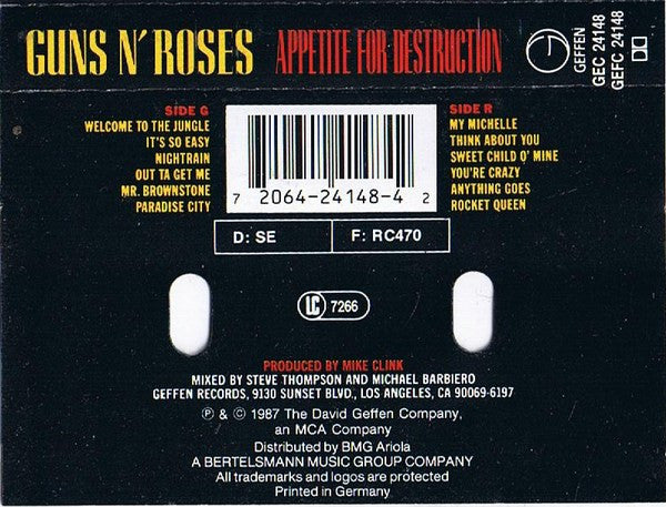 Image of Back Cover of Cassette - VG+/VG+ - GUNS N' ROSES, Appetite For Destruction (Geffen Records; GEC 24148, Europe 1991 Reissue), ,  - 2636051E
