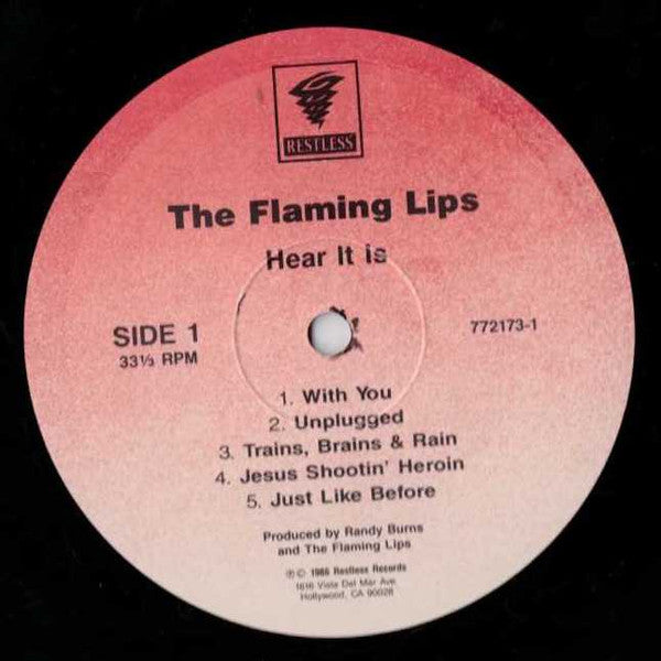 Image of Label Cover of 4723257E: LP - THE FLAMING LIPS, Hear It Is (Restless Records; 72173-1, US 1986, Restless Records Labels) Strong VG+, Small Corner Bumps  VG/VG+