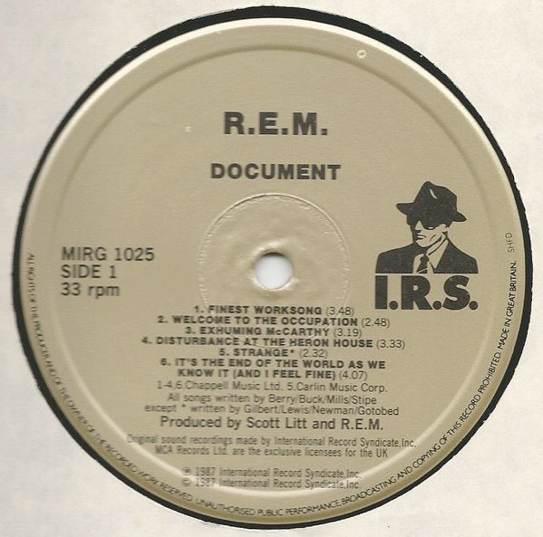 Image of Label Cover of LP - EX/VG - R.E.M., Document (IRS; MIRG 1025, UK 1987, Inner, 'JA' Run Out), Strong VG,  - 2526181E