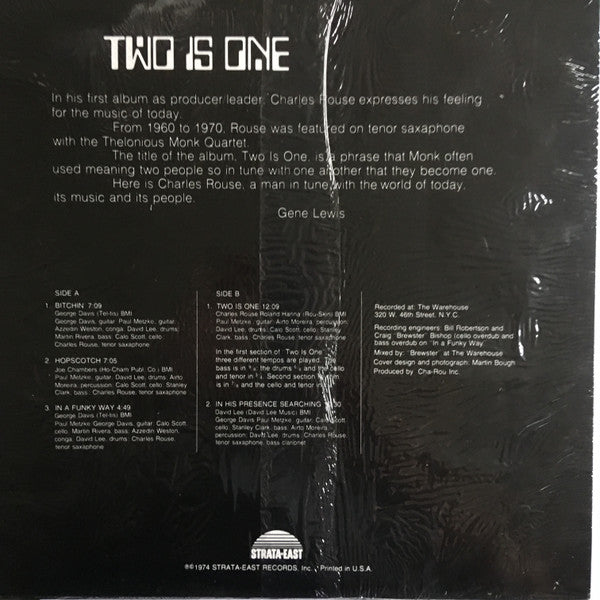 Image of Back Cover of LP - VG/VG+ - CHARLES ROUSE, Two Is One (Strata-East; SES-19746, US Reissue), ,  - 2326035E