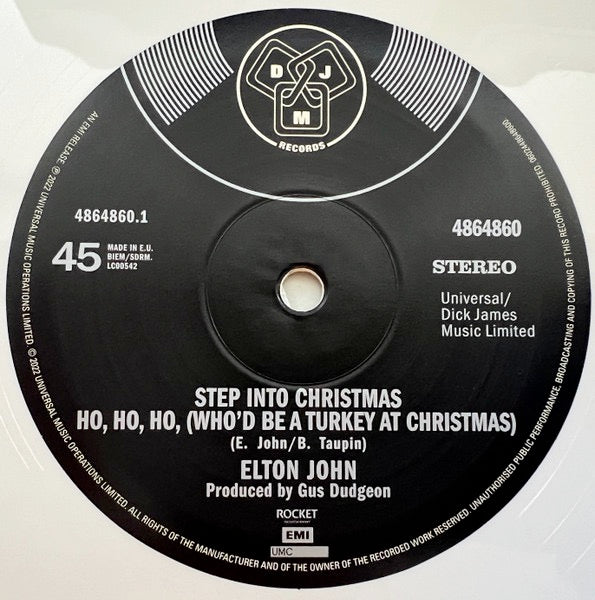 Image of Label Cover of 12" - NEW/NEW - ELTON JOHN, Step Into Christmas / Ho, Ho, Ho, (Who d Be A Turkey At Christmas) (Rocket Entertainment; 4864860, UK 2022 Reissue, White Vinyl), ,  - 3436177E
