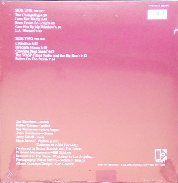 Image of Back Cover of LP - NEW/NEW - THE DOORS, L.A. Woman (Elektra; EKS-75011, Europe 2017 Reissue, 180 Gram Vinyl), , The Doors' sixth studio album, L.A. Woman, features lead singer Jim Morrison, who passed away shortly after its release. The album, heavily influenced by blues, was recorded without producer Paul A. Rothchild and produced by Bruce Botnick. - 2016434C