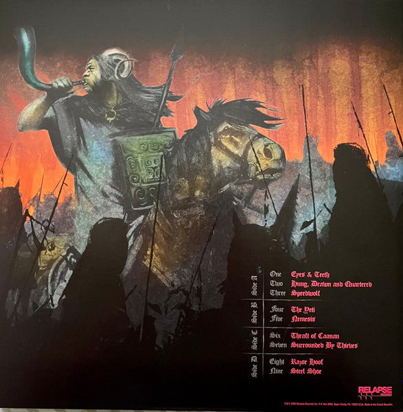 Image of Back Cover of 4914246C: 2xLP - HIGH ON FIRE, Surrounded By Thieves (Relapse Records; RR 6529, US 2023 Reissue, Gatefold, Insert, Galaxy Merge Aqua Blue And Black Vinyl)   NEW/NEW