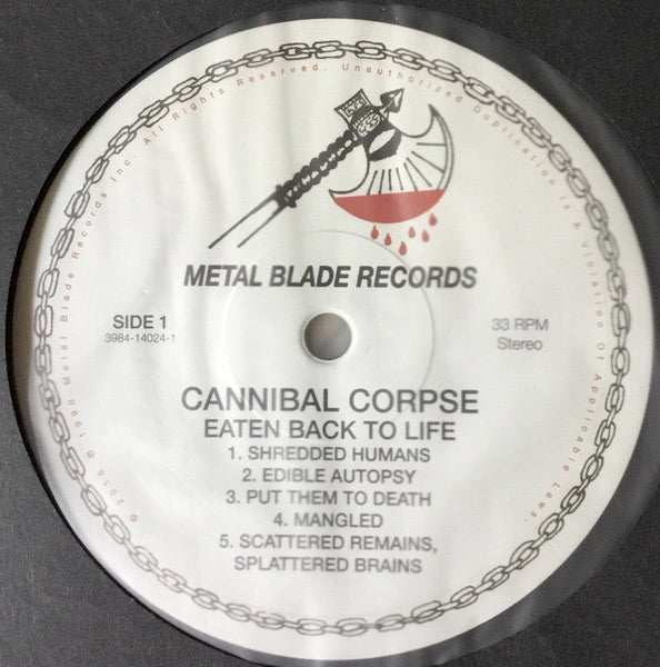 Image of Label Cover of 4934109E: LP - CANNIBAL CORPSE, Eaten Back To Life (Metal Blade Records; 3984-14024-1, Europe 2016 Reissue, Insert, Poster)   NEW/NEW