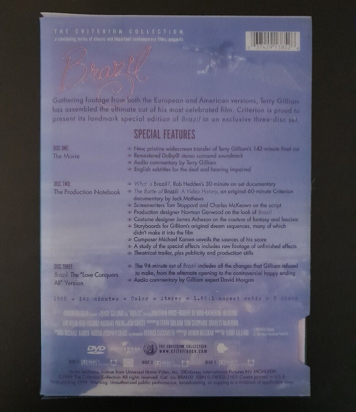 Image of Back Cover of 3xDVD - VG+/VG+ - TERRY GILLIAM, Brazil (The Criterion Collection; 51, US , Box Set, Booklet, NTSC), ,  - 3936052E