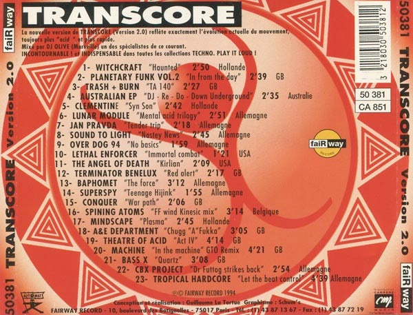 Image of Back Cover of 5014223C: CD - DJ OLIVE, Transcore Version 2.0 - 200 % X-Tatic (Fairway Record; 50381, France 1994, Jewel Case)   EX/EX