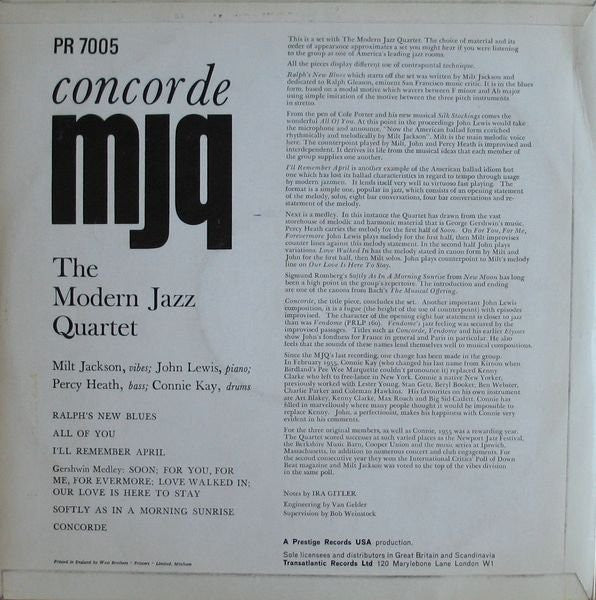 Image of Back Cover of 4524406E: LP - THE MODERN JAZZ QUARTET, Concorde (Transatlantic Records; PR 7005, UK 1966 Reissue, Picture Sleeve)   VG+/VG