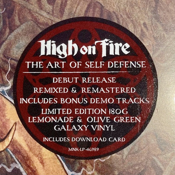 Image of Back Cover of 0914384C: 2xLP - HIGH ON FIRE, The Art Of Self Defense (MNRK Heavy; MNK-LP-46958, USA & Canada 2023 Reissue, 2 Inners, Lemonade & Olive Green Galaxy Vinyl)   NEW/NEW