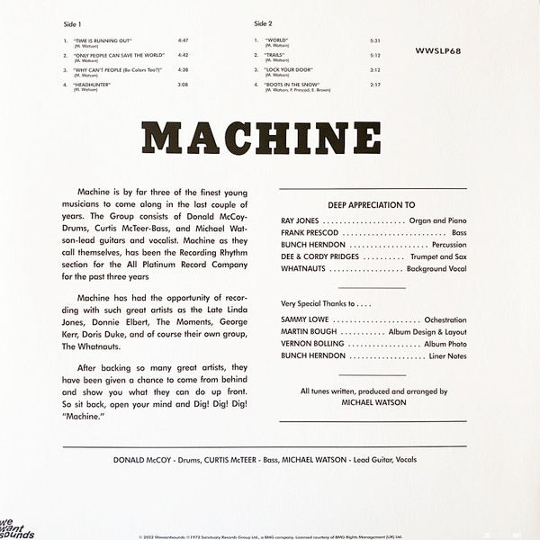 Image of Back Cover of 4853233S: LP - MACHINE, Machine (Wewantsounds; WWSLP68, France 2022 Reissue, Insert, Remastered)   NEW/NEW