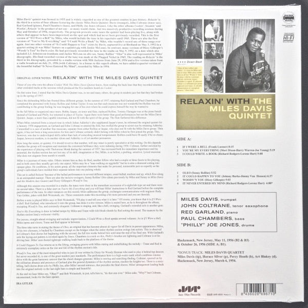 Image of Back Cover of LP - NEW/NEW - THE MILES DAVIS QUINTET, Relaxin' With The Miles Davis Quintet (Jazz Wax Records; JWR 4520, Europe 2010 Reissue, 180 Gram Vinyl), ,  - 2416263C