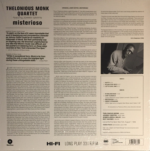 Image of Back Cover of LP - NEW/NEW - THELONIOUS MONK QUARTET, Misterioso (WaxTime; 772218, US 2017 Reissue, 180 Gram Vinyl), ,  - 2456179S