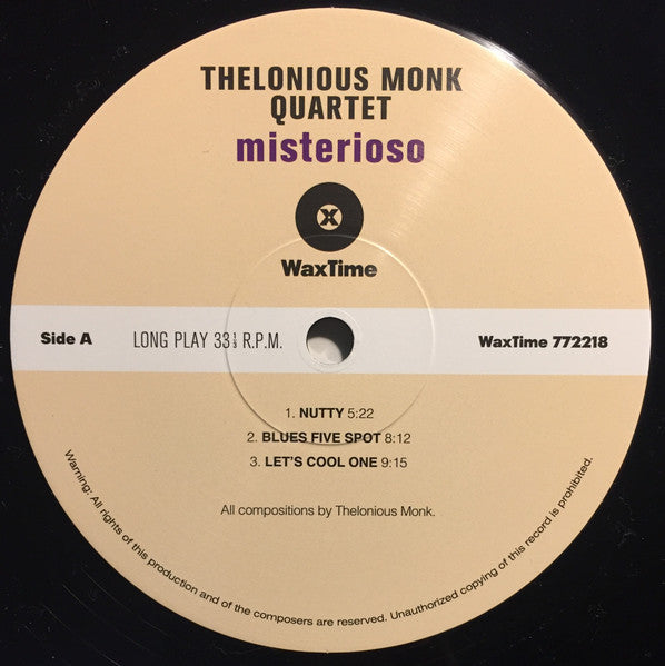 Image of Label Cover of LP - NEW/NEW - THELONIOUS MONK QUARTET, Misterioso (WaxTime; 772218, US 2017 Reissue, 180 Gram Vinyl), ,  - 2456179S