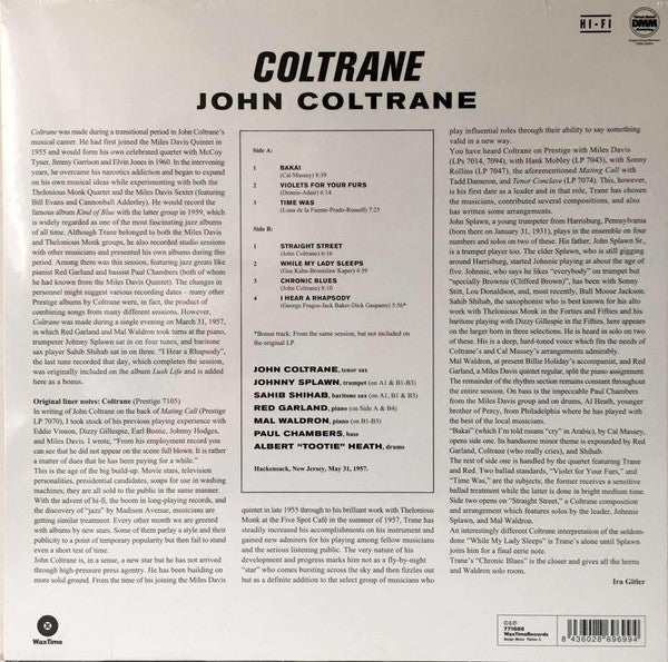 Image of Back Cover of 3634139E: LP - JOHN COLTRANE, Coltrane (WaxTime; 771666, Europe 2017 Reissue, 180 Gram Vinyl Remaster)   NEW/NEW