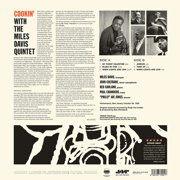 Image of Back Cover of LP - NEW/NEW - MILES DAVIS QUINTET, Cookin' (Jazz Wax Records; JWR 4612, UK 2023 Reissue, 180 Gram Vinyl. Limited Edition), ,  - 2936062E